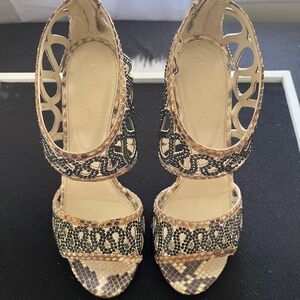 Sergio Rossi Sandals In Snakeskin and Rhinestones.  Black/Gray.Cream Size 38